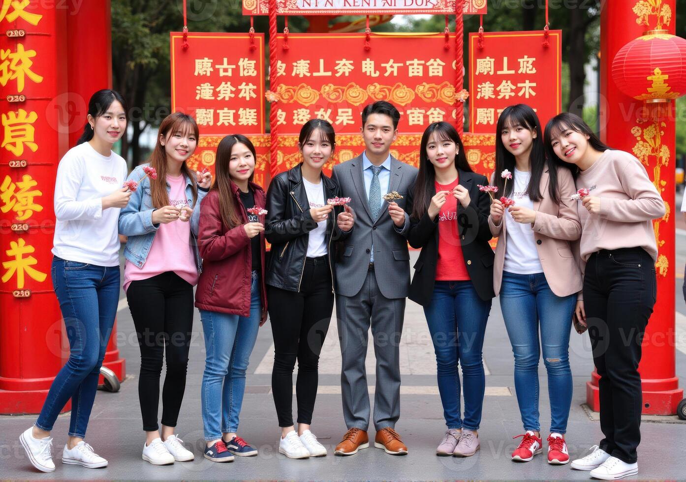 A group of people posing for a photo in front of an asian arch