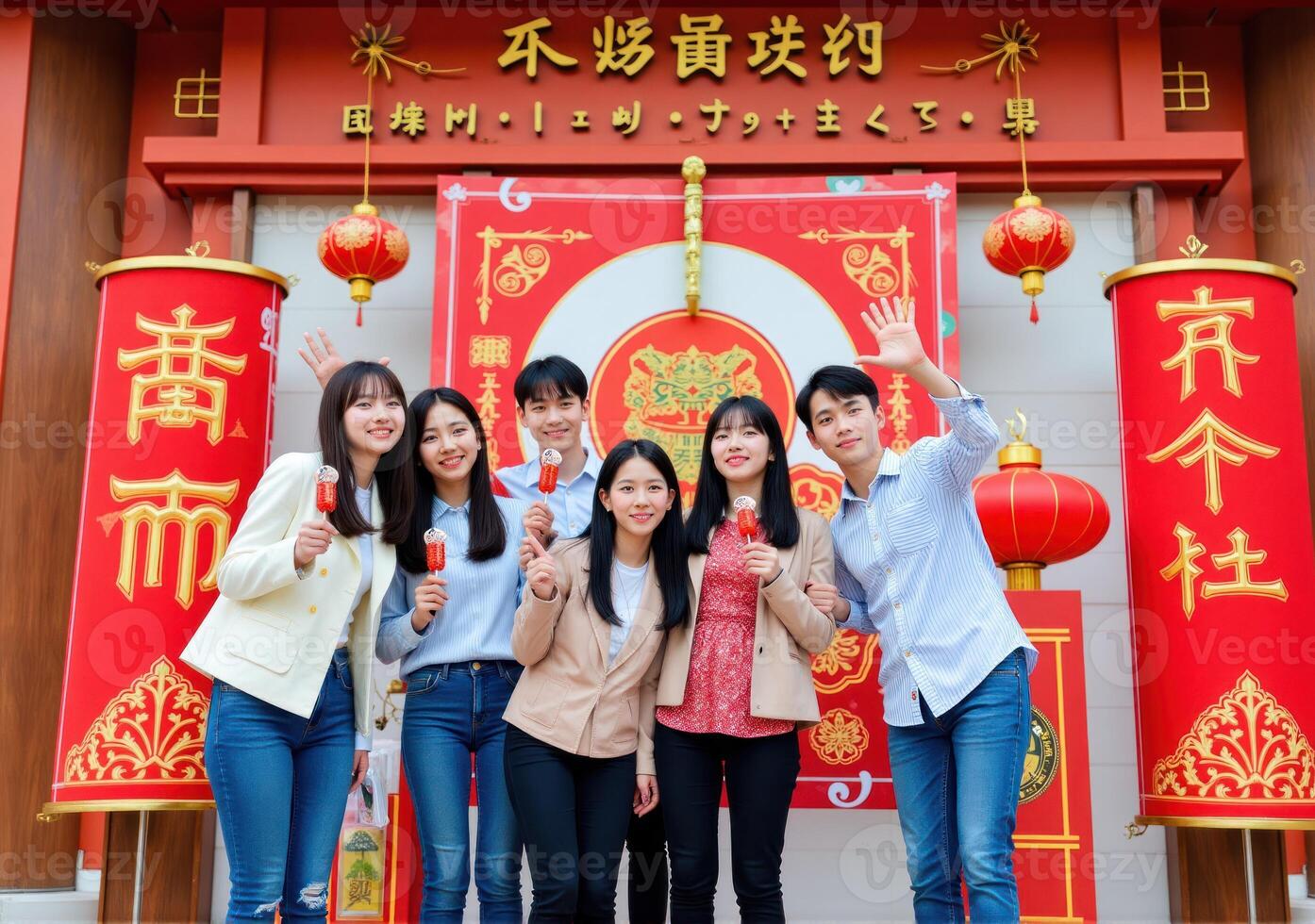 Four asian students pose for a photo in front of a chinese building