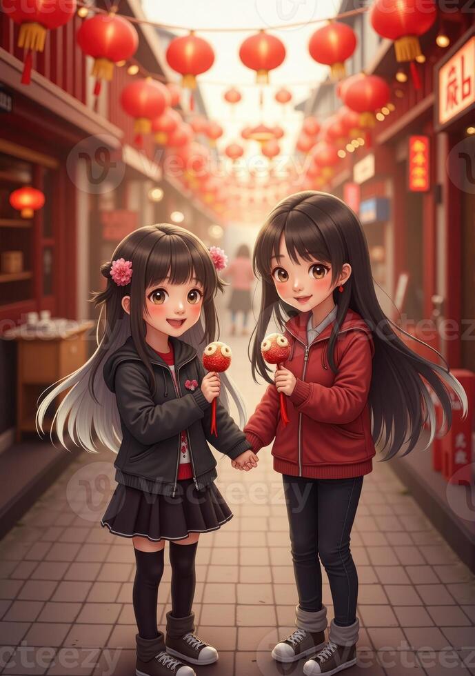 Two girls holding hands in an asian street photo
