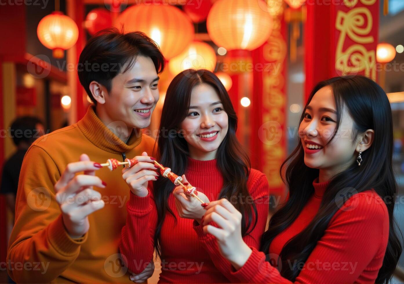 Three people in red clothing holding chinese lanterns photo