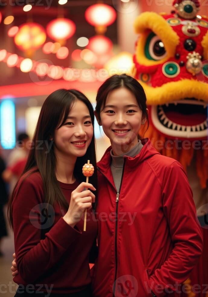 Two young women posing for a photo with a chinese lion