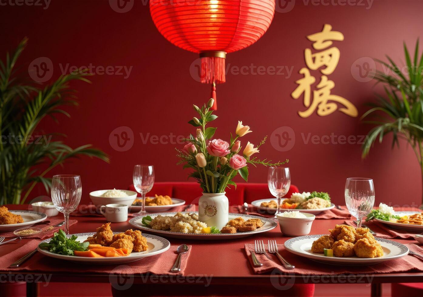 Chinese new year dinner table with red lanterns and food photo