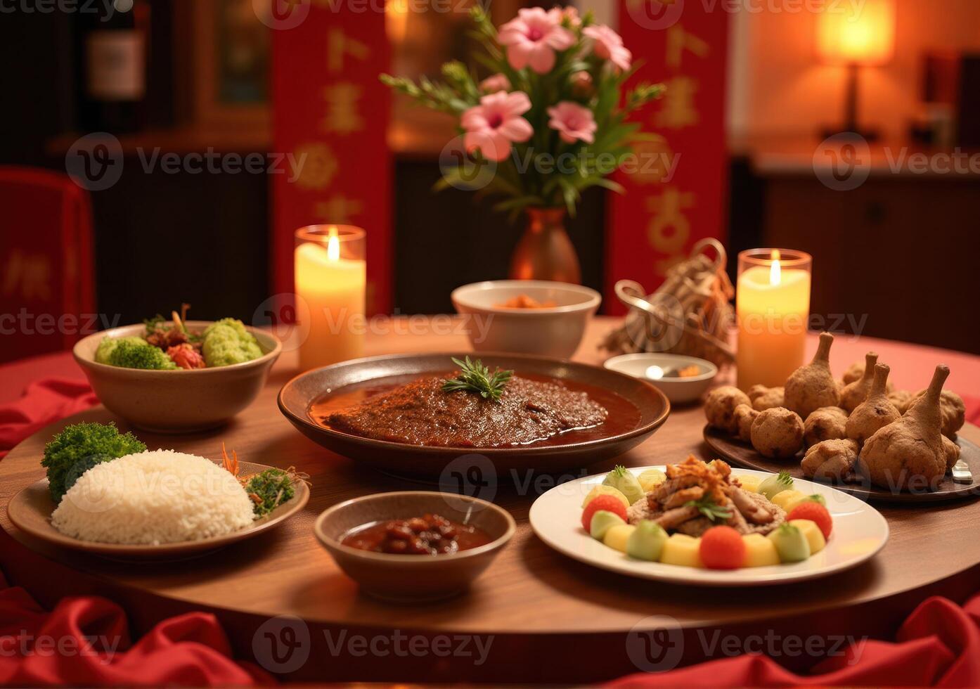 A table with food and candles on it photo