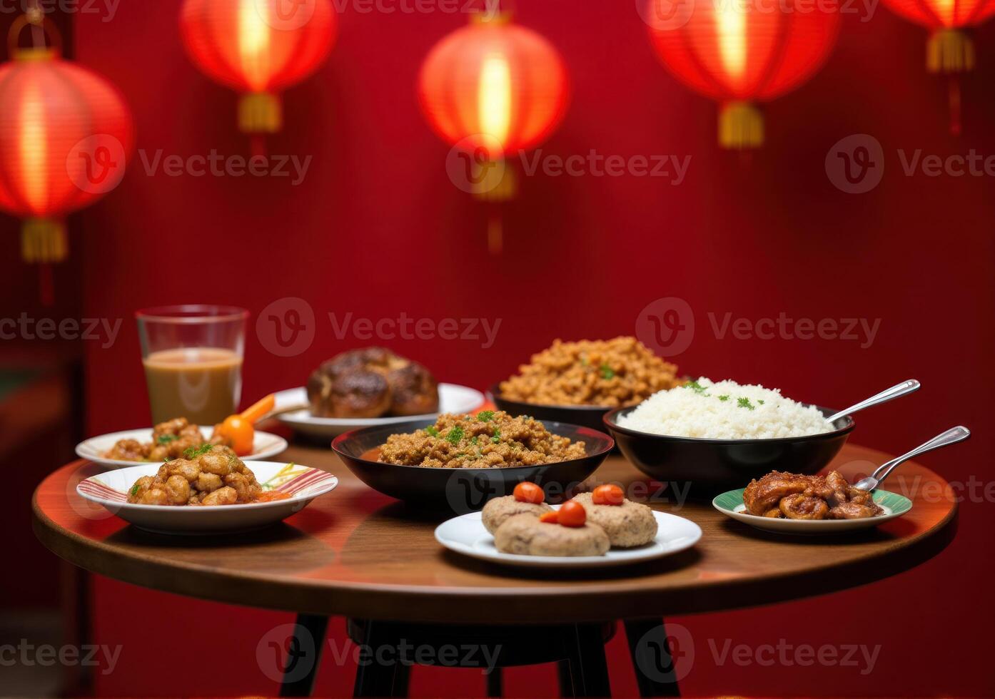 A table with food and red lanterns photo