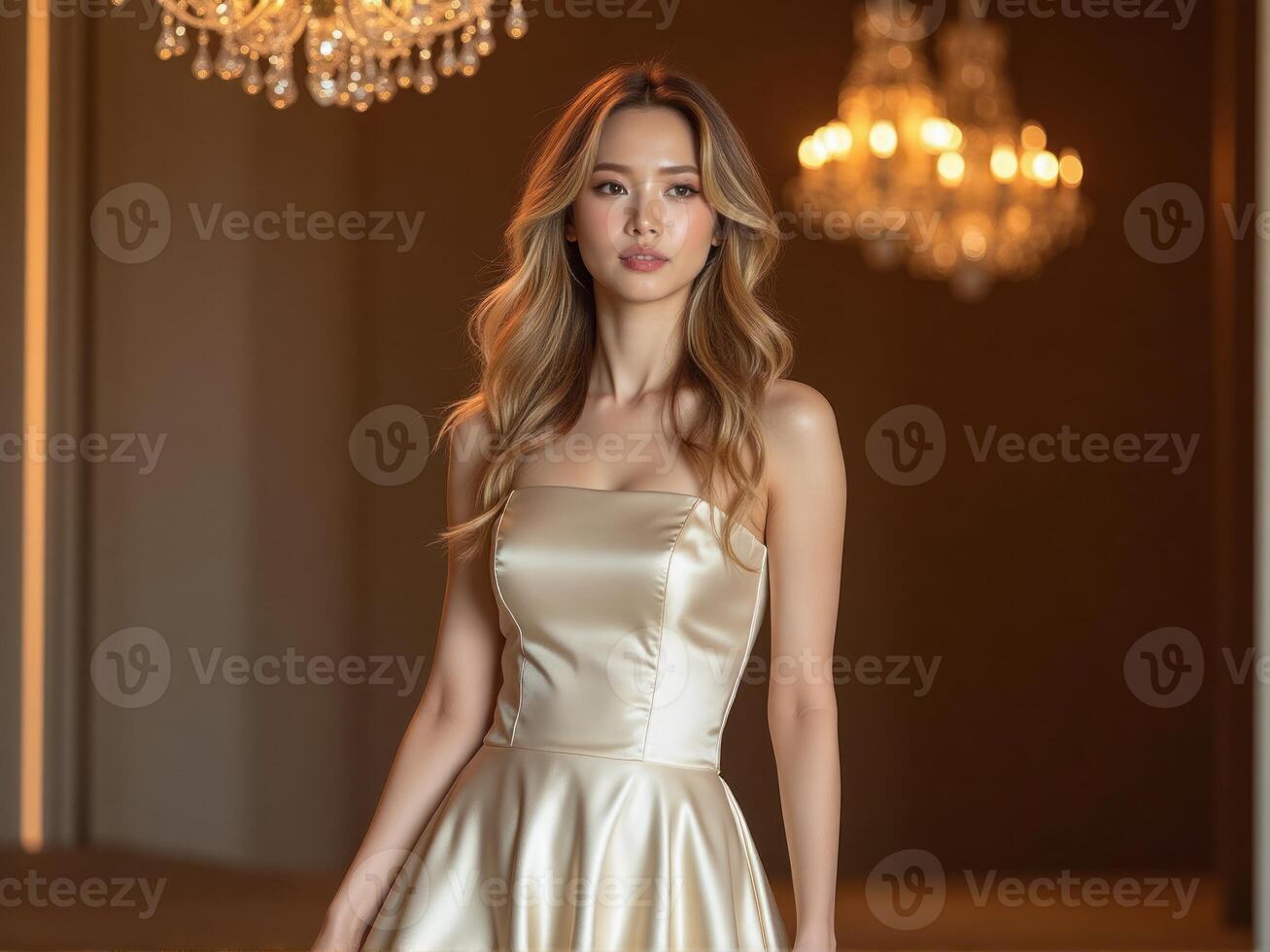 A woman in a gold dress posing for a photo