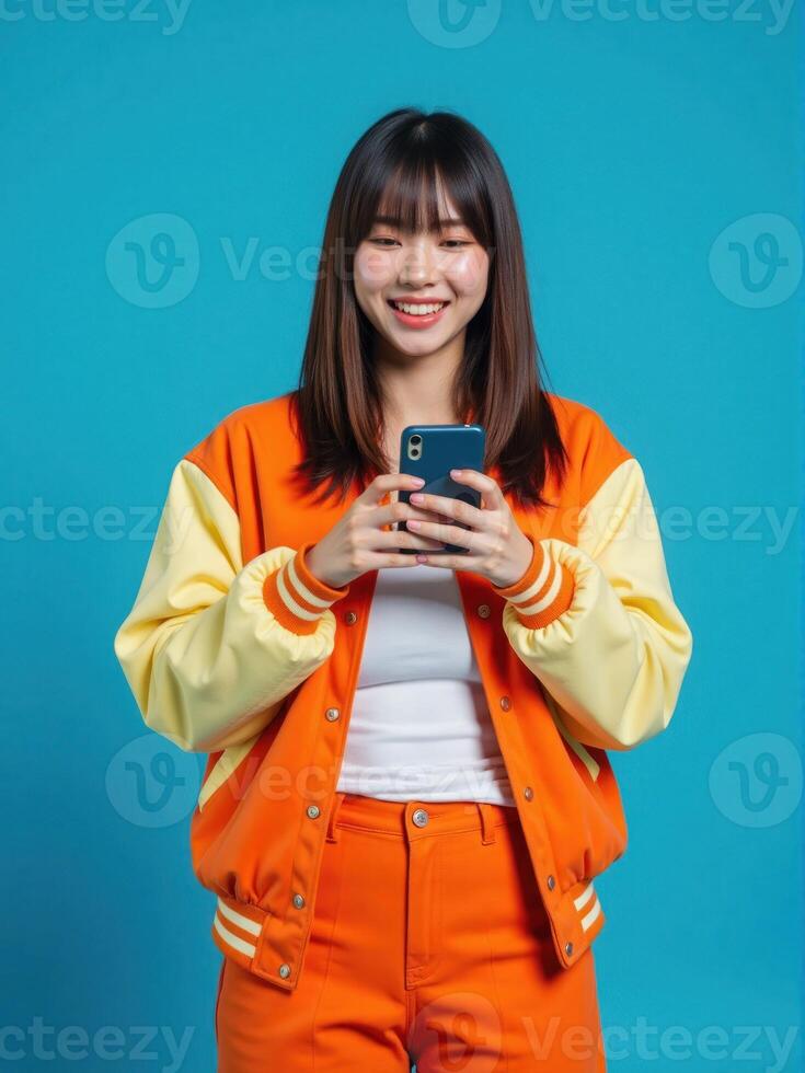 Asian woman in orange jacket holding phone and smiling photo