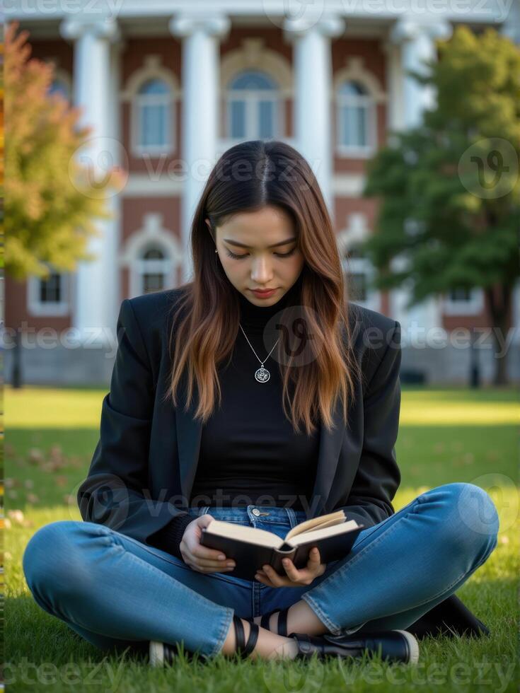 A woman reading a book on the grass in front of a building photo
