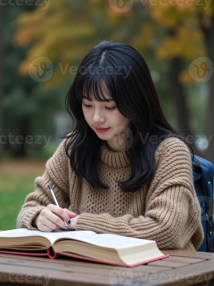 Asian woman studying in the park photo