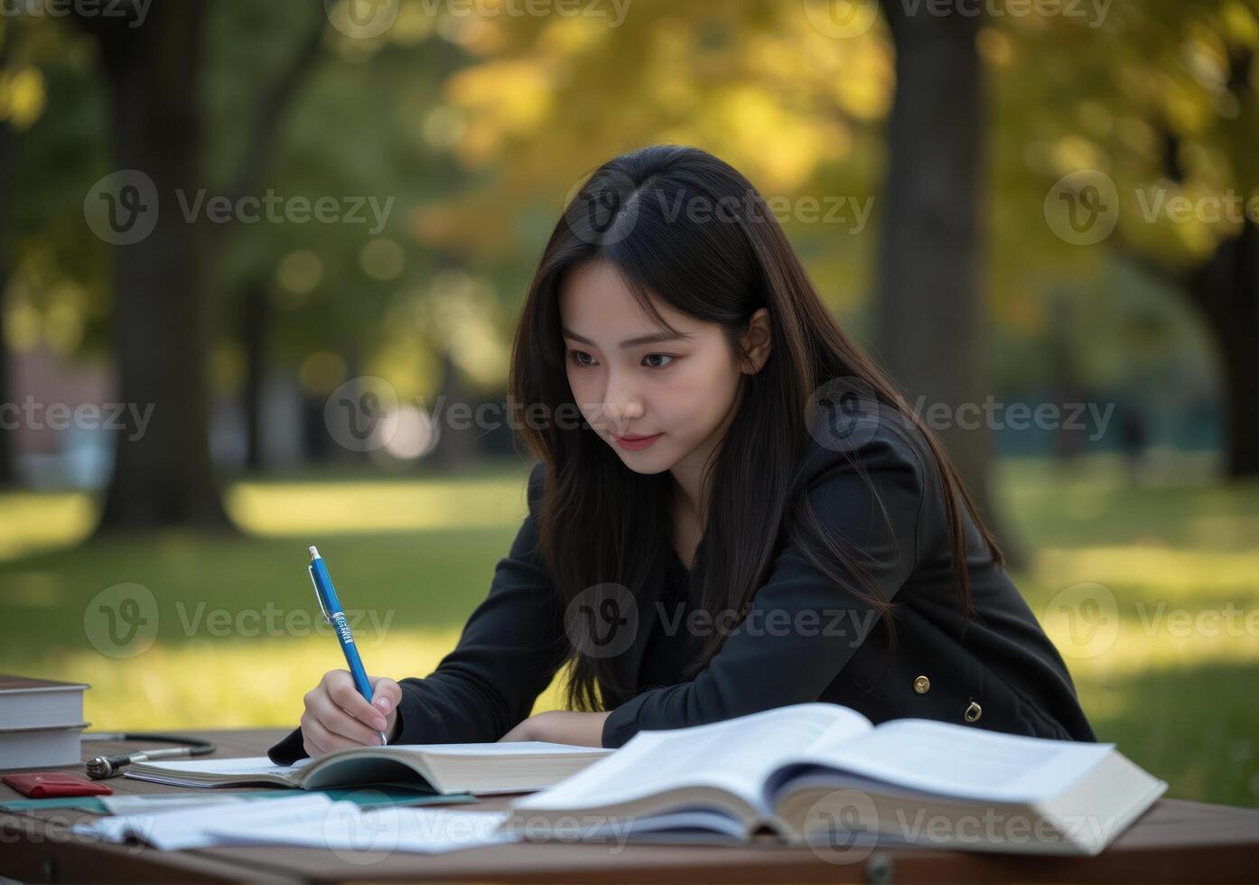A young woman is sitting at a table with a notebook and pen photo