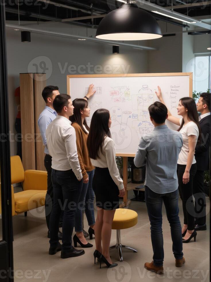 A group of people standing around a whiteboard photo