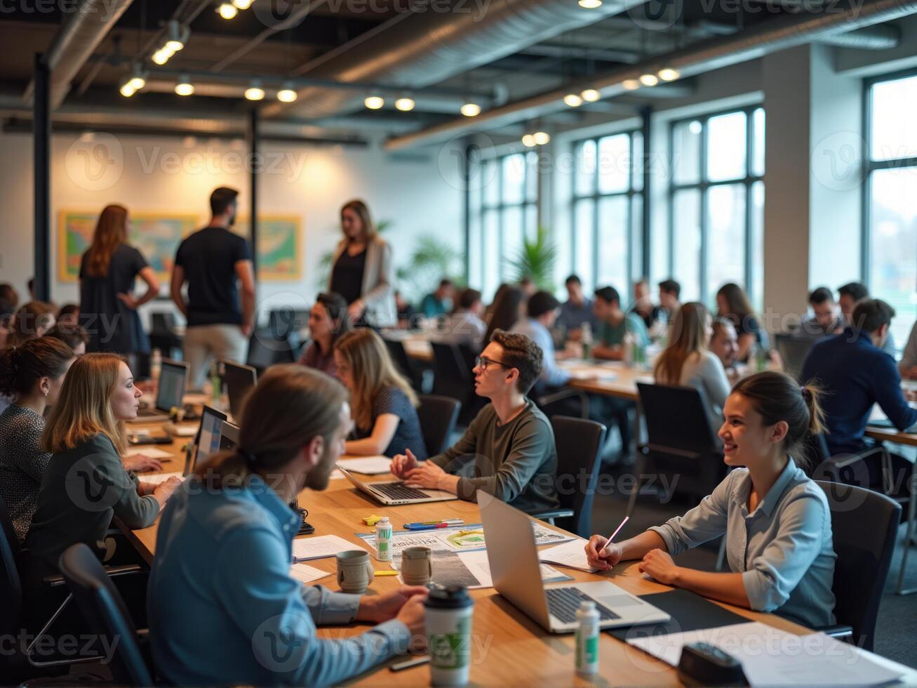 A group of people sitting at tables in an office photo