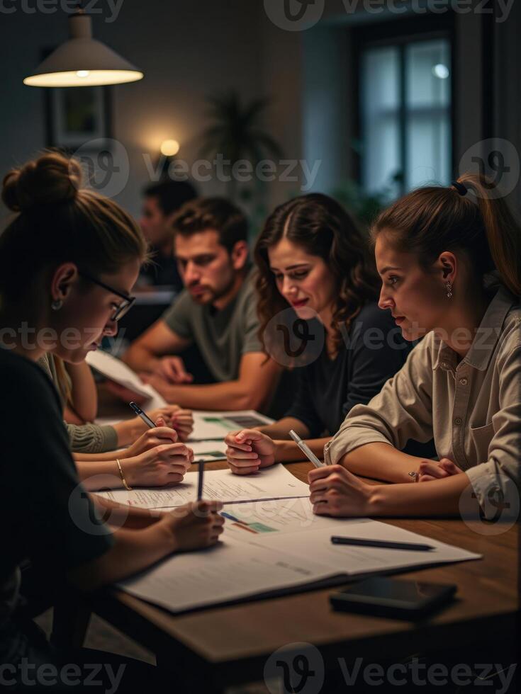 Group of people working on a project at a table photo