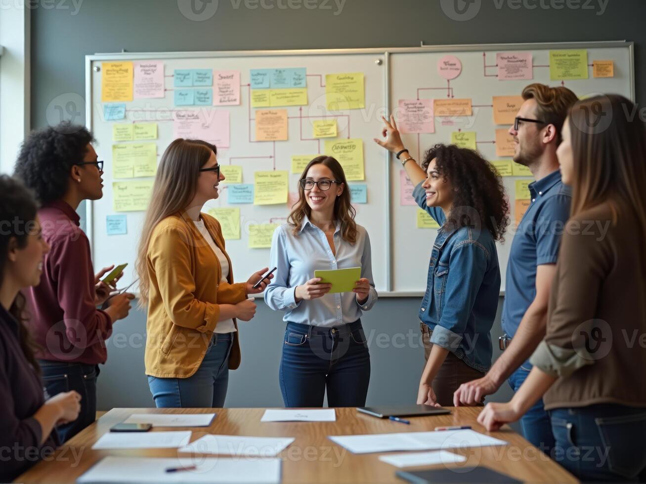 A group of people standing around a table with sticky notes on it photo