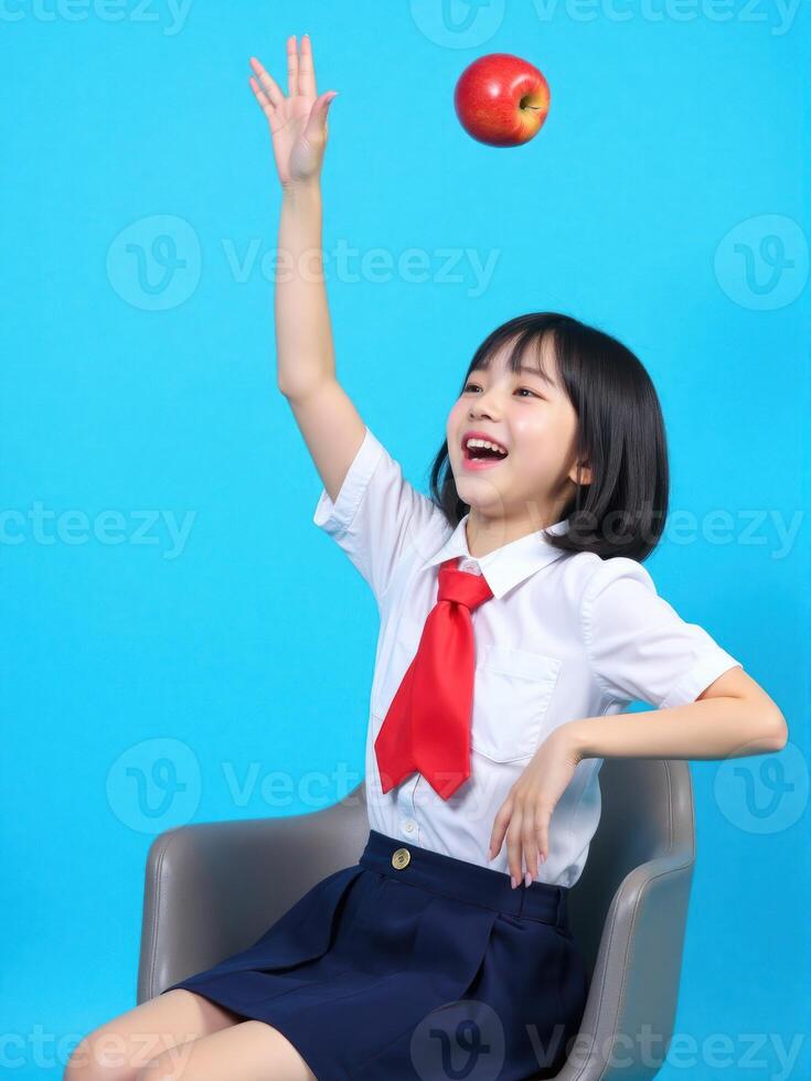 A girl in a school uniform is throwing an apple photo