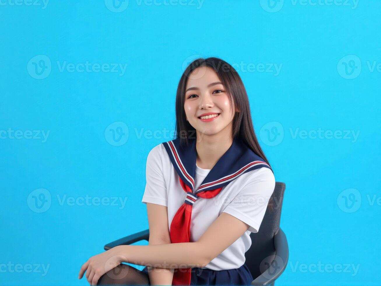 Asian girl in school uniform sitting on chair photo