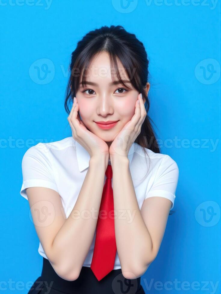 Asian woman in business attire posing with hands on face photo