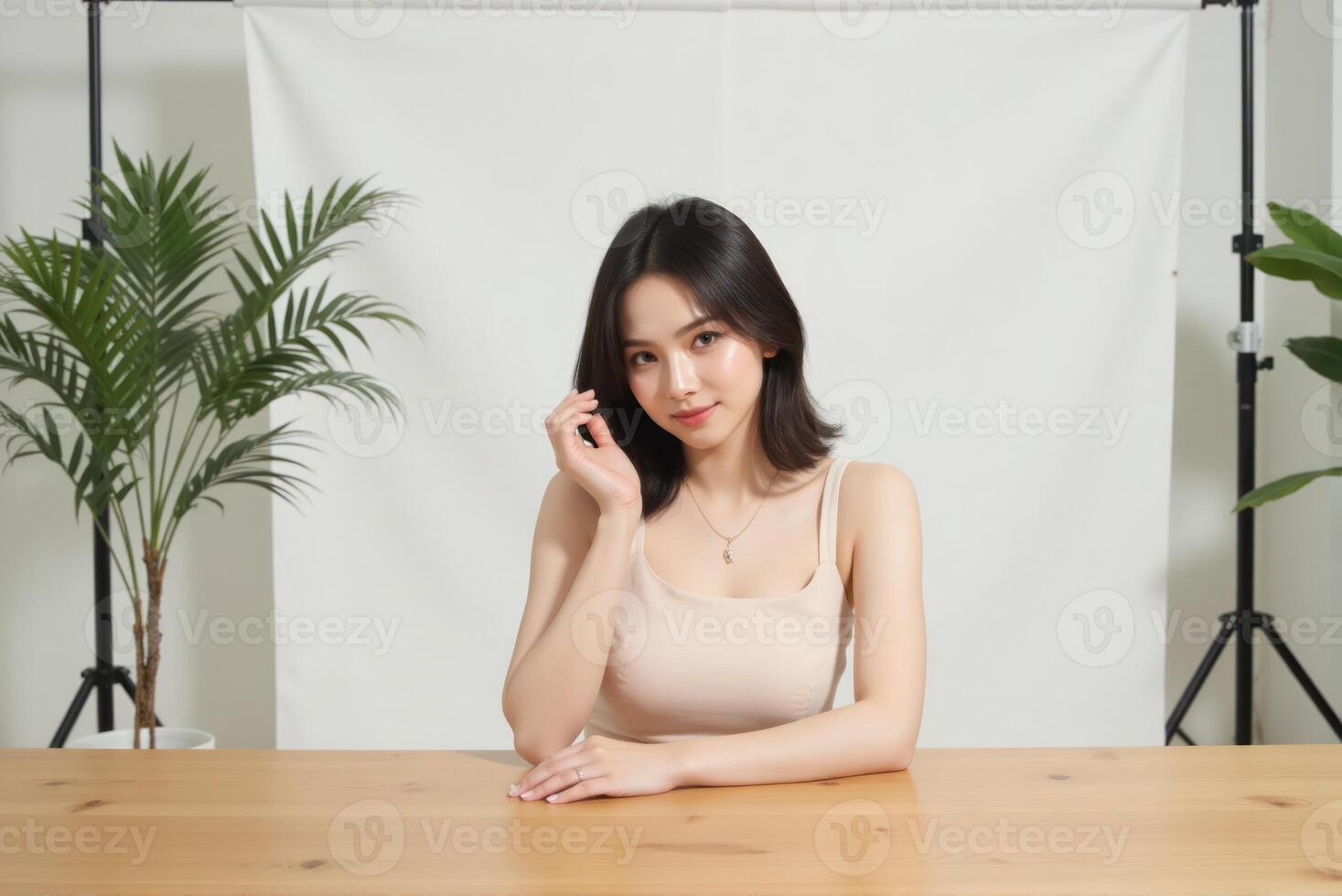 A woman sitting at a table with a phone in front of her photo