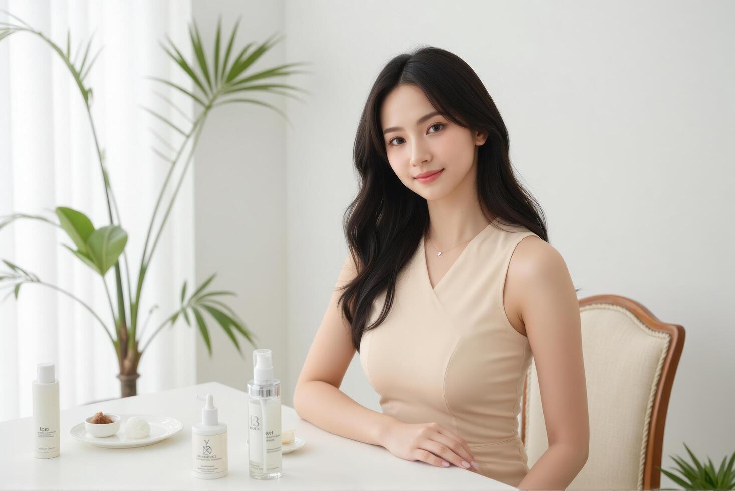 A woman sitting at a table with a bottle of skin care products photo