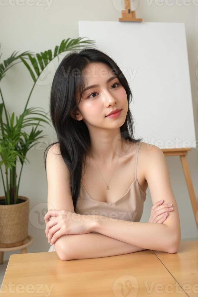 A woman sitting at a table with her arms crossed photo