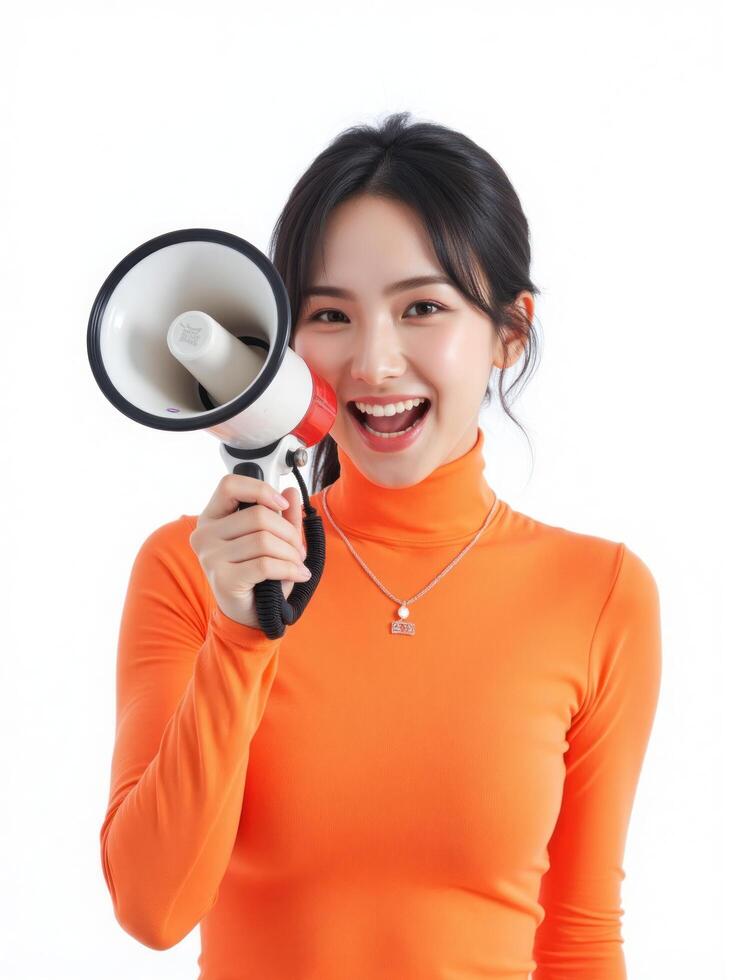 Asian woman in orange top holding a megaphone photo