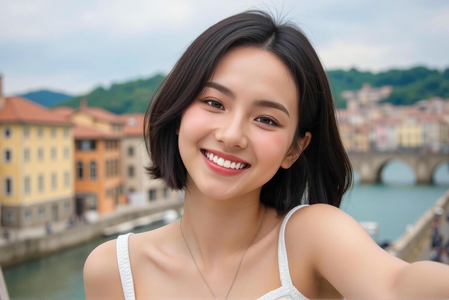 Beautiful asian woman smiling with a city view photo