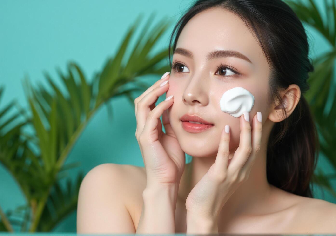 A woman applying cream to her face photo