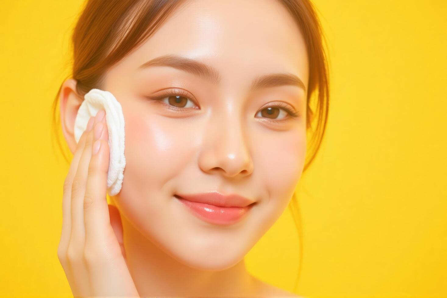 Beautiful asian woman with white face and white skin holding a sponge photo
