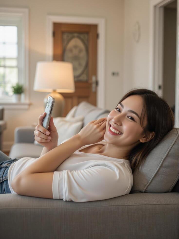 A woman is sitting on a couch and holding a remote control photo