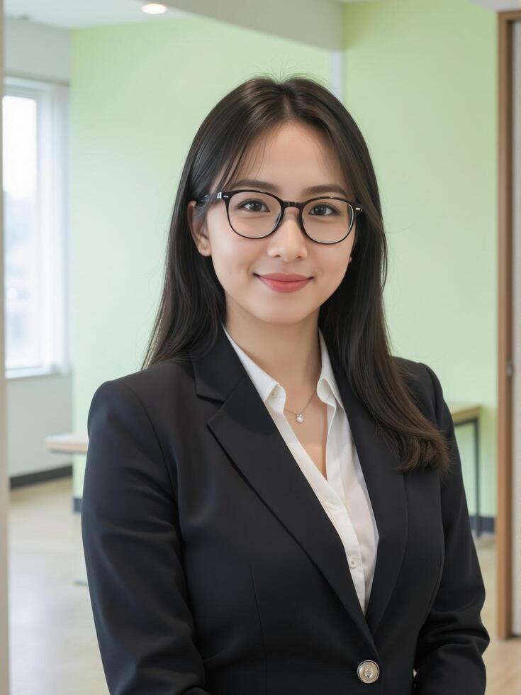 A woman in glasses and a business suit photo