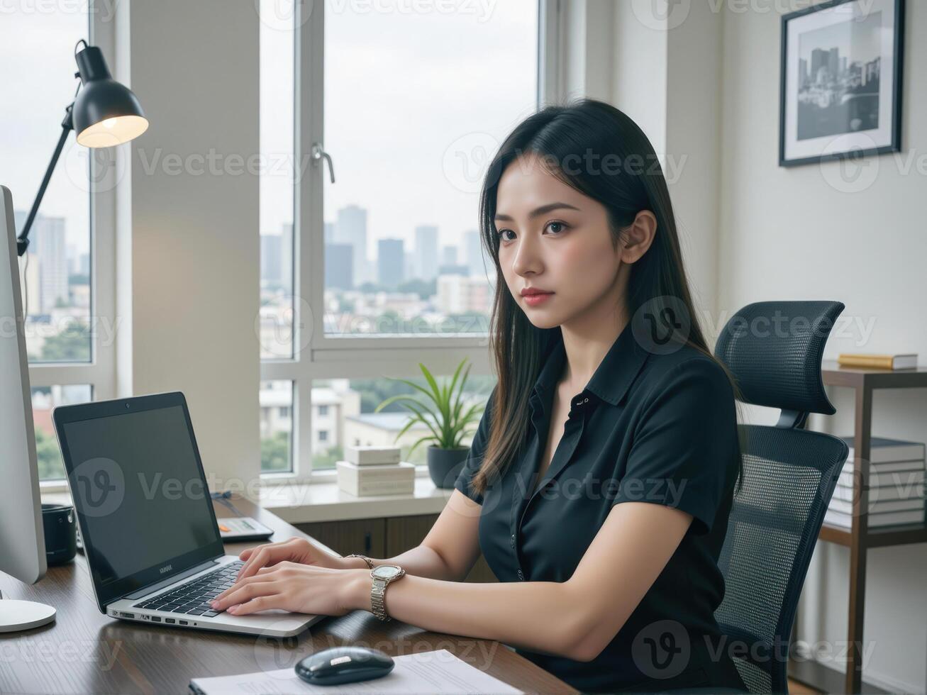 businesswoman in a professional outfit, smiling as she types on her laptop, sitting at a stylish desk in a modern office space with glass walls and minimalist design photo
