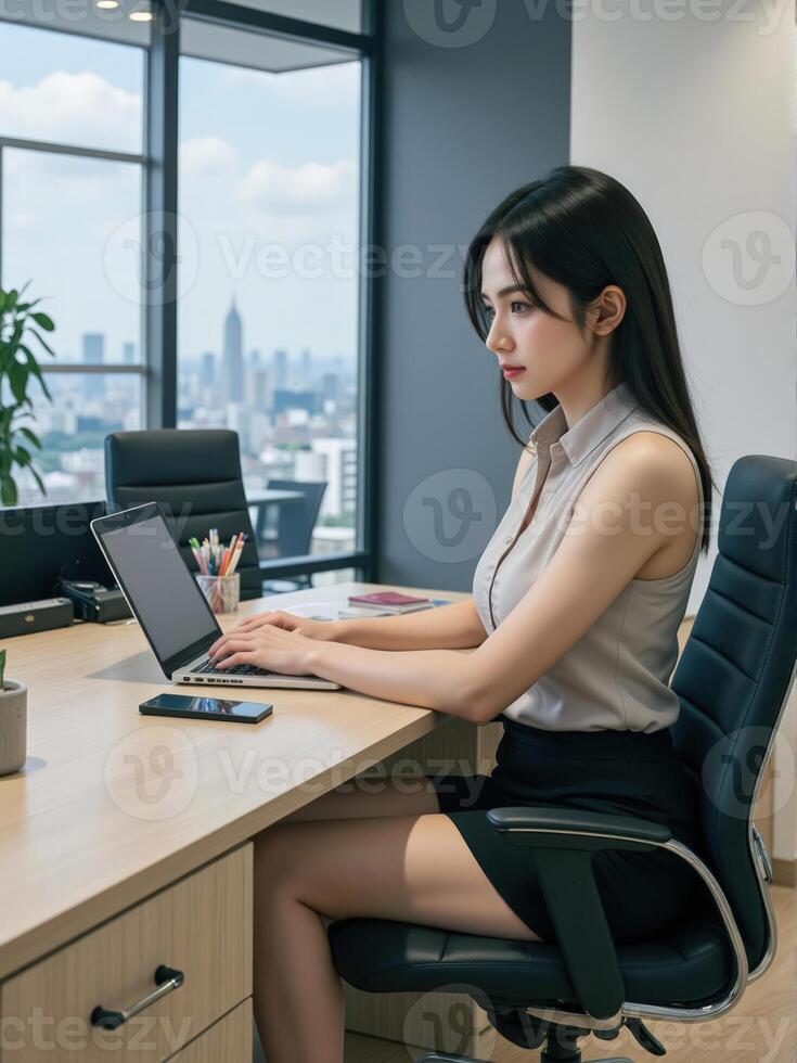 businesswoman in a sharp outfit, smiling confidently as she types on her laptop, sitting at a stylish desk in a modern office with open spaces photo