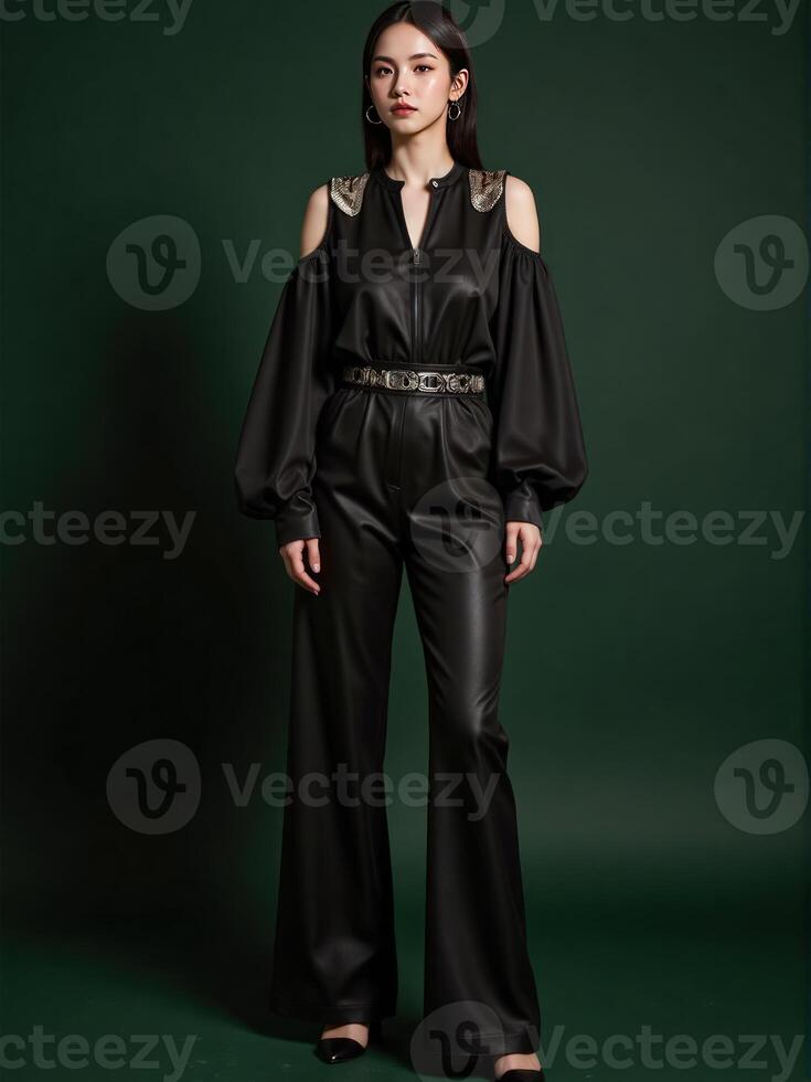 poised woman showcases an oversize 2025 trendsetting look with bold patterns and oversized accessories, set against a dark green background photo