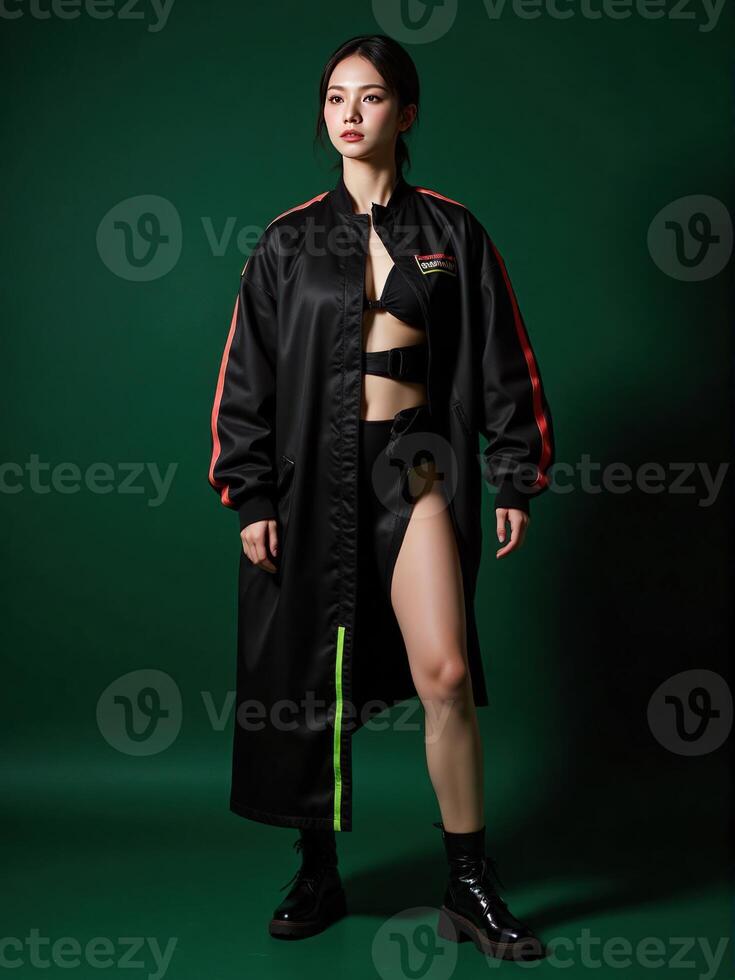 woman exudes power in an oversize 2025 high-fashion look featuring sharp tailoring and unexpected textures, posed against a dark green background photo
