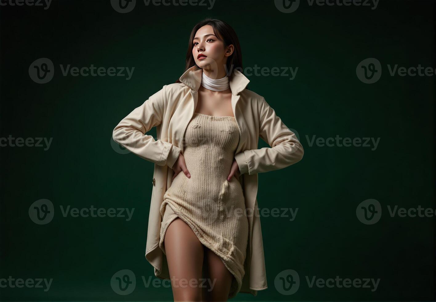 stylish woman showcases an oversize 2025 trendsetting ensemble with bold shoulders and flowing fabrics, set against a dark green background, shot from a low, dramatic angle photo