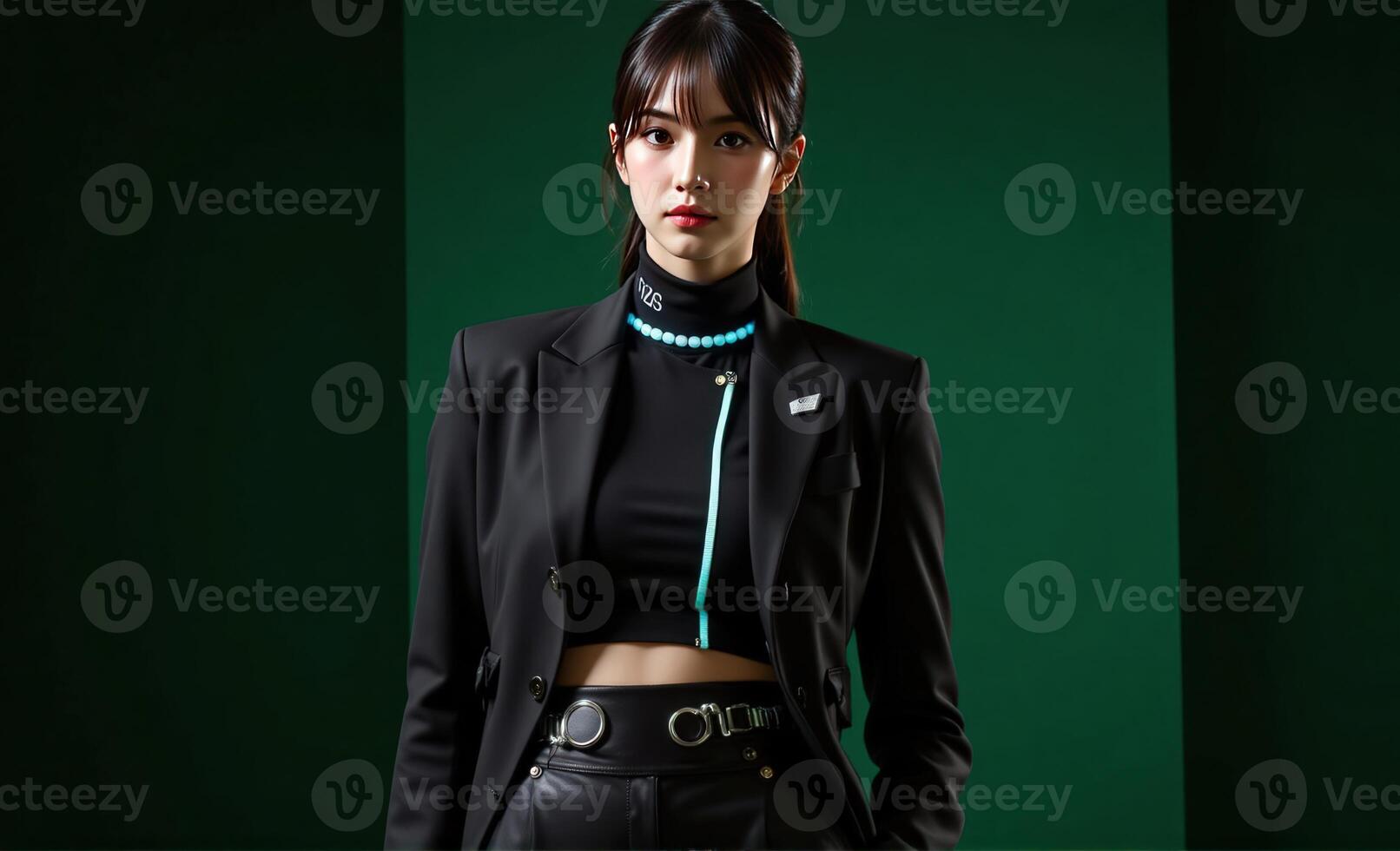 poised woman wears an oversize 2025 futuristic ensemble with sharp lines and bold patterns, set against a dark green background, shot from a low, dramatic angle photo