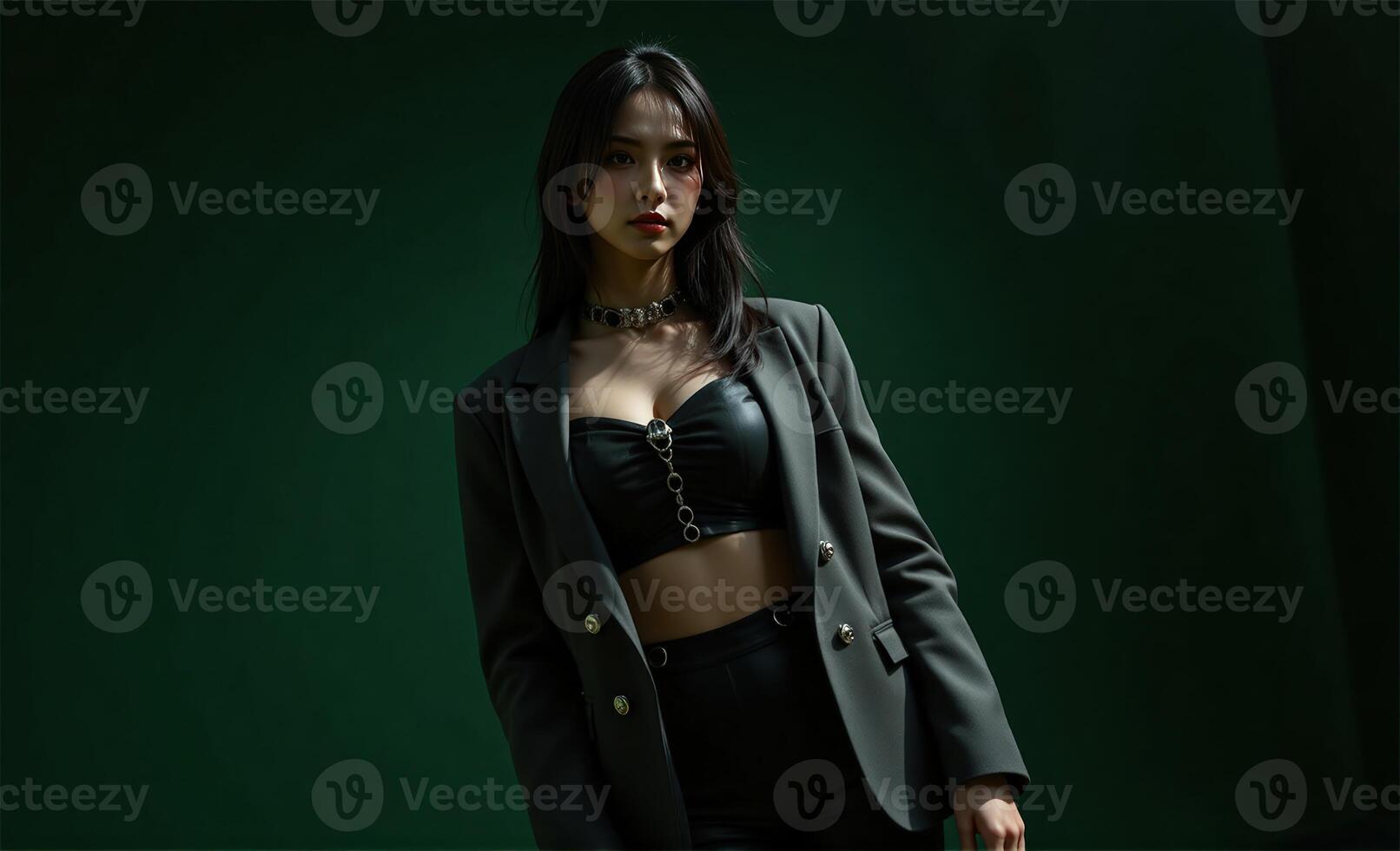 confident woman exudes power in an oversize 2025 high-fashion outfit featuring metallic details and structured silhouettes, posed against a dark green background, captured from a unique, tilted angle photo