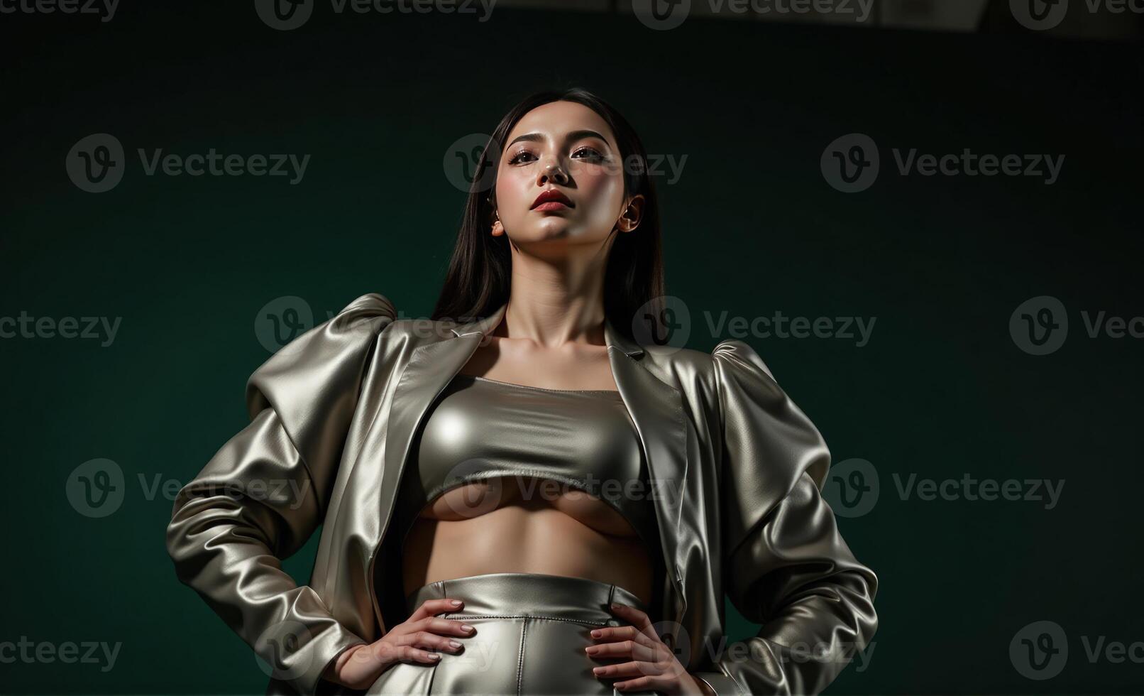 confident woman strikes a bold pose in an oversize 2025 fashion-forward ensemble with asymmetrical hemlines and vibrant textures, against a dark green background, shot from a dynamic, off-center angle photo