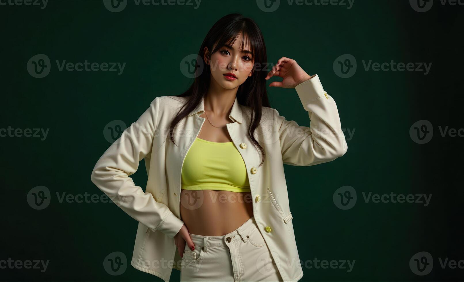 stylish woman showcases an oversize 2025 trendsetting outfit with bold shoulders and flowing fabrics, set against a dark green background, captured from a dynamic, side angle photo
