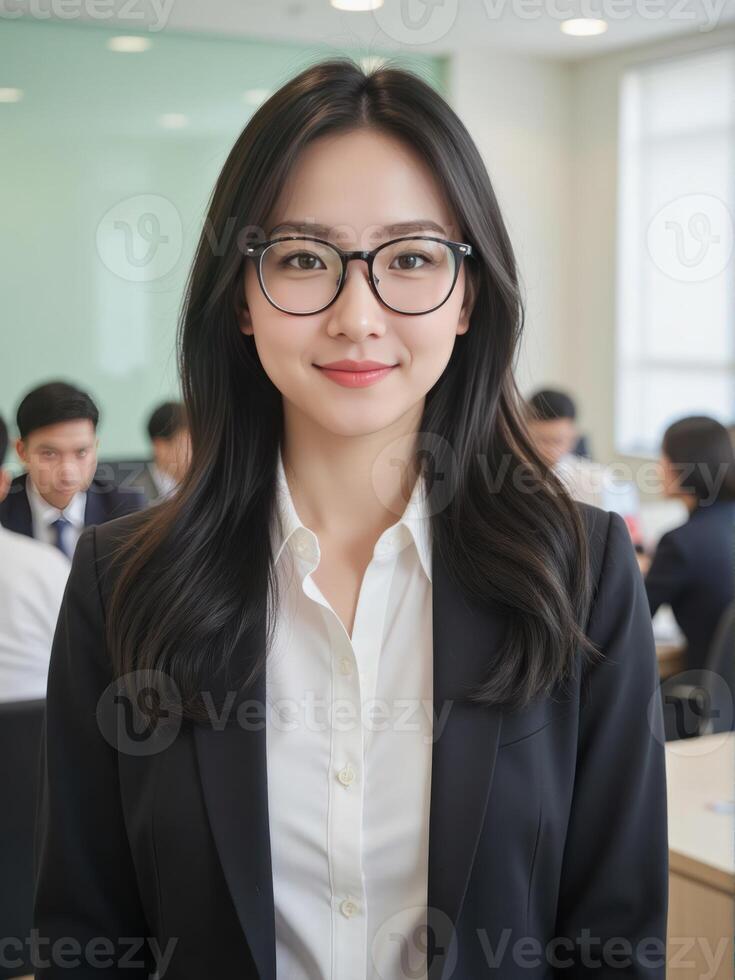 poised Japanese business woman in glasses and a casual formal attire, standing confidently in a bustling office with a light green background, exuding professionalism photo