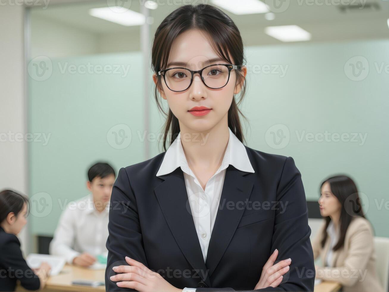 confident Japanese business woman in glasses and a casual formal attire, standing in an office with a light green background, surrounded by a busy work environment photo