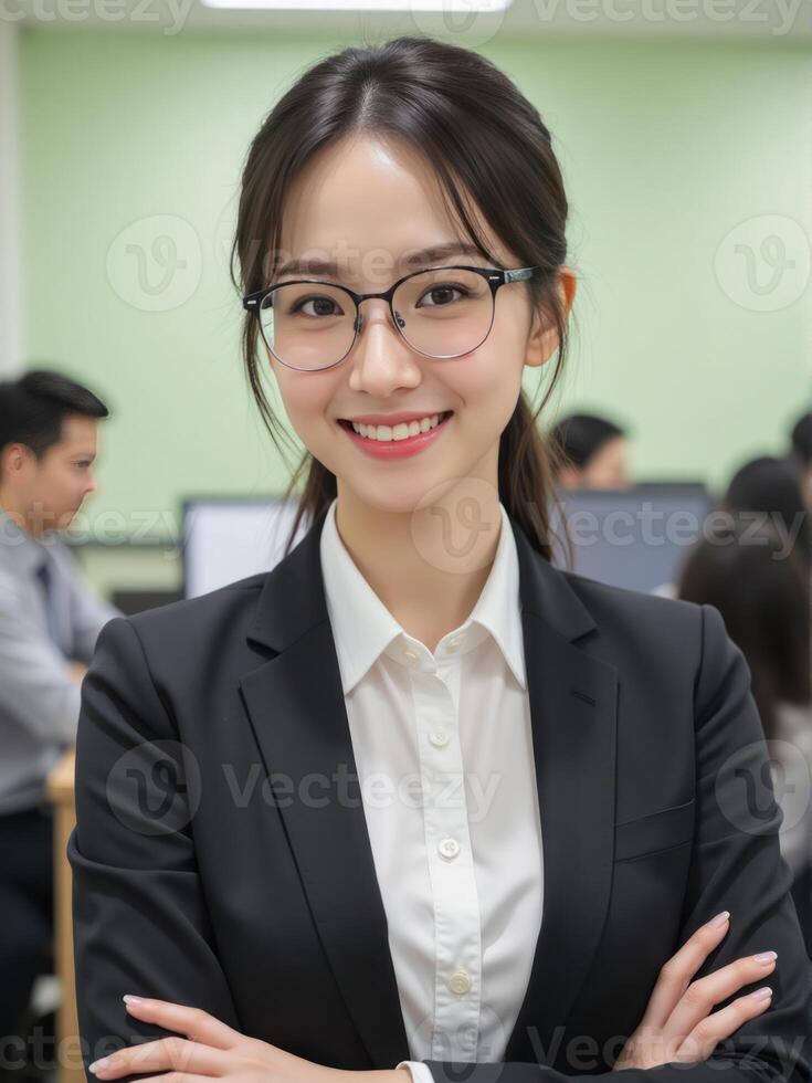 Asian business woman in office with her arms crossed photo