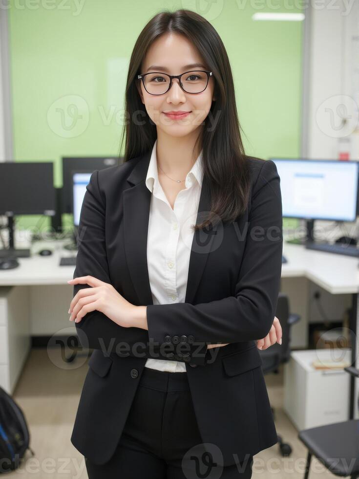 A woman in a business suit standing in front of a computer photo