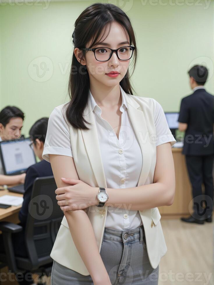 Japanese business woman in glasses and a casual formal attire, posing confidently in a busy office with a light green background, showcasing her focus photo