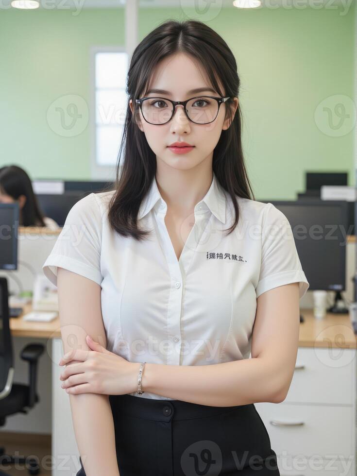 A Japanese business woman wearing glasses and a stylish casual formal outfit, standing confidently in an office with a light green background, surrounded by colleagues photo