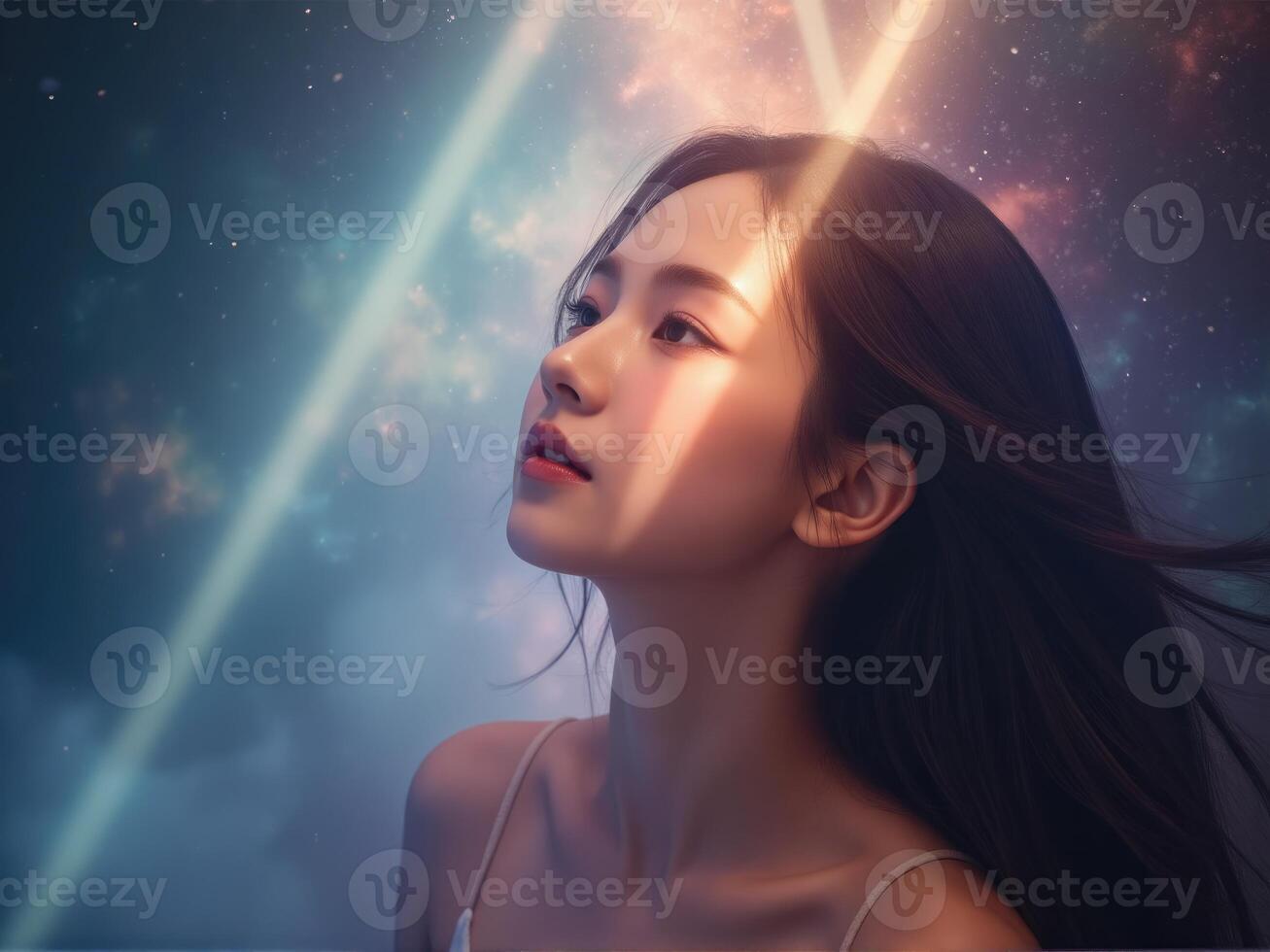 A beautiful woman with long hair and a star in the sky photo