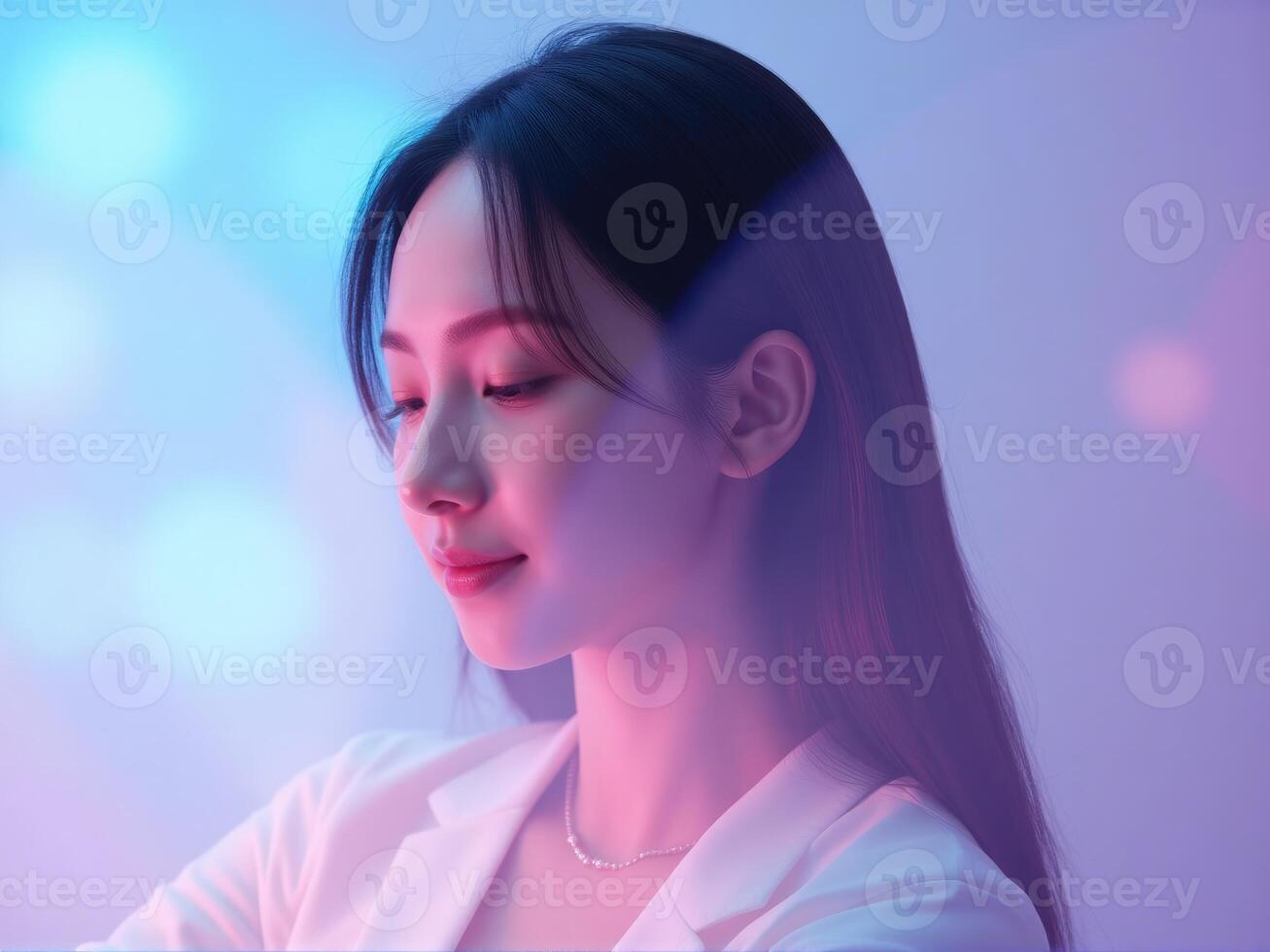 A woman with long hair and a white shirt is looking at her phone photo