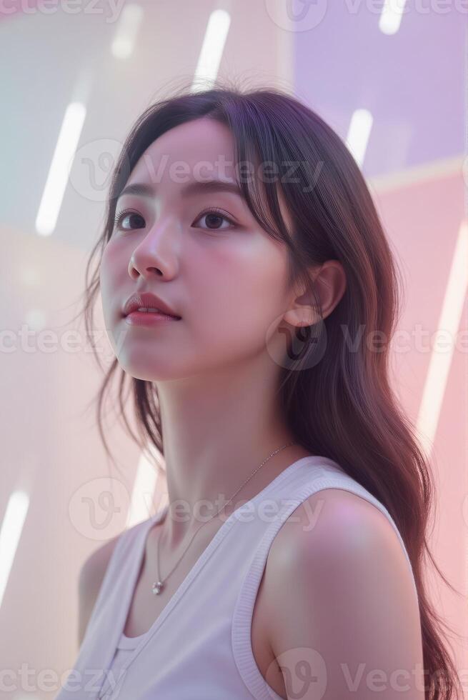 A woman with long hair and a white tank top photo