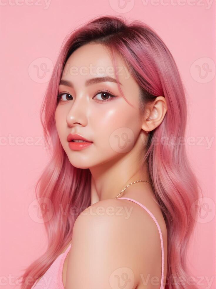 A woman with pink hair and makeup photo