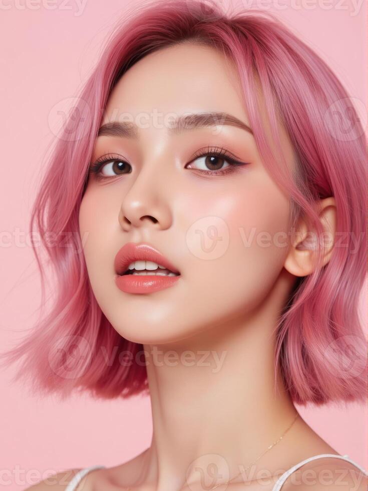A woman with pink hair and makeup photo