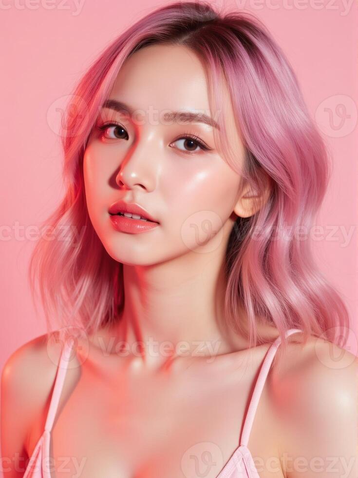 A beautiful young woman with pink hair posing on a pink background photo
